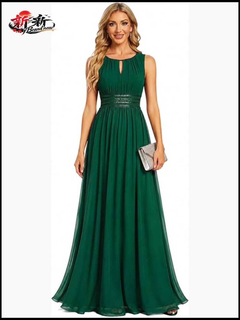 Sleeveless Chiffon Formal Wedding Guest Dress with Ruched A-Line Sequin Accents